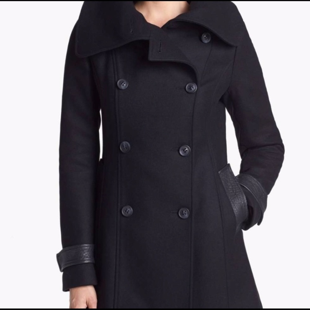 Mackage leather trim double breasted wool peacoat